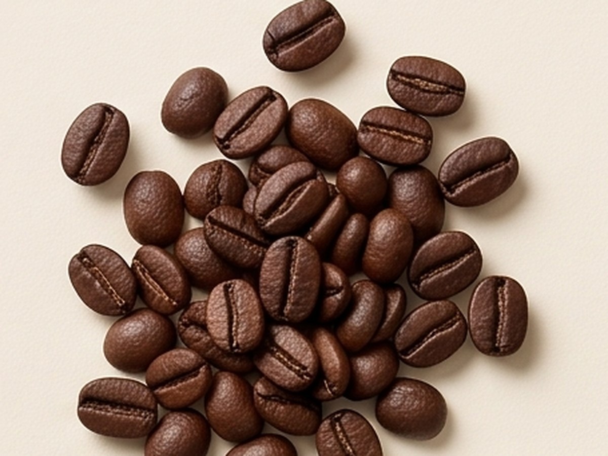 Roasted coffee beans on a cream background