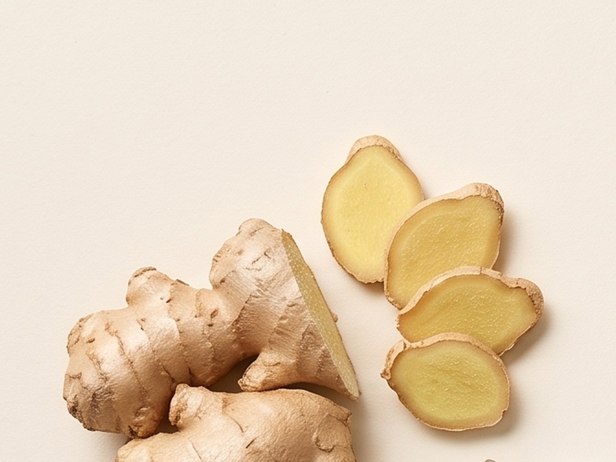 Fresh ginger rhizome and sliced dried ginger on a cream background