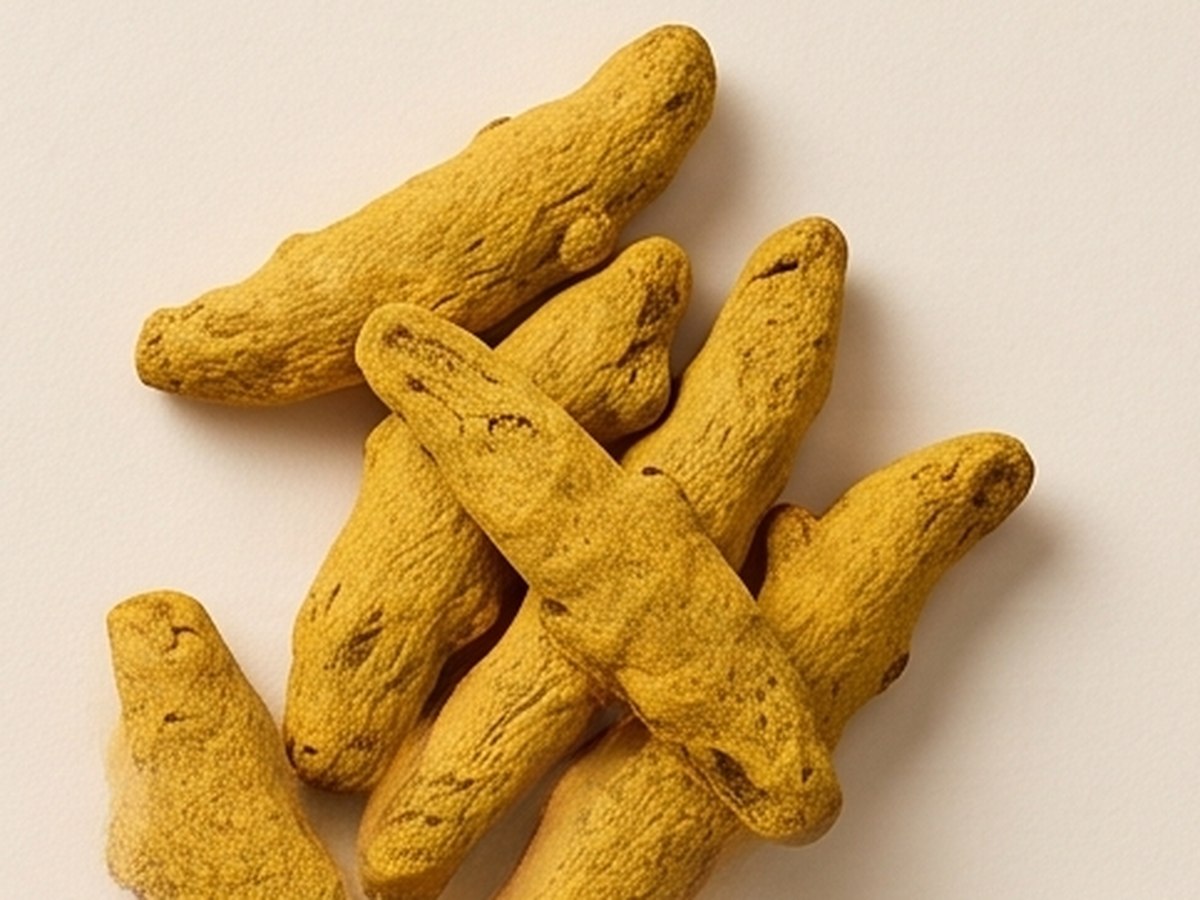 Dried turmeric fingers on a cream background